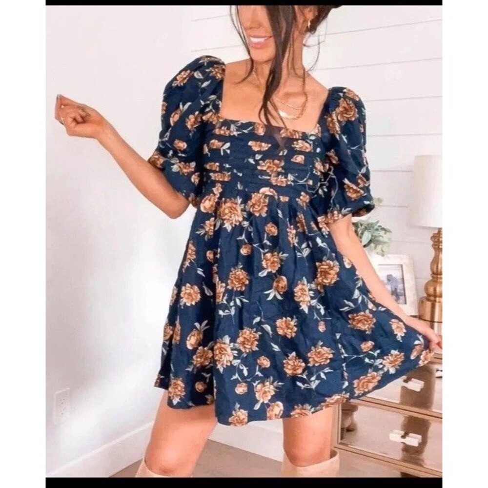 Abercrombie & Fitch Emerson Linen-Blend Navy Puff Sleeve Mini Dress Size XL EUC - Picture 2 of 6